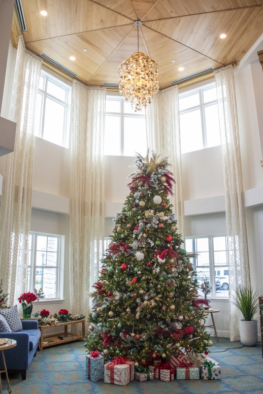 The grand entry in the Lodge at Historic Lewes boasts a very tall tree.